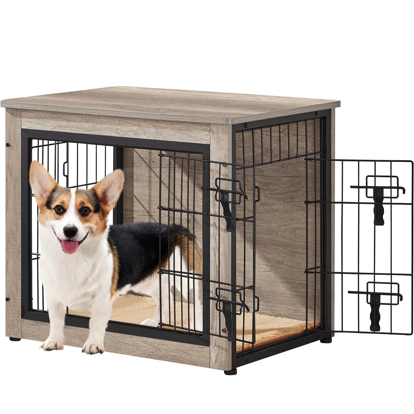 Crate Furniture with Cushion Wooden Dog Crate with Double Doors/Adjustable Feet Side End Table for Small/Medium Dogs Greige