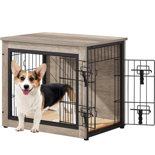 Crate Furniture with Cushion Wooden Dog Crate with Double Doors/Adjustable Feet Side End Table for Small/Medium Dogs Greige