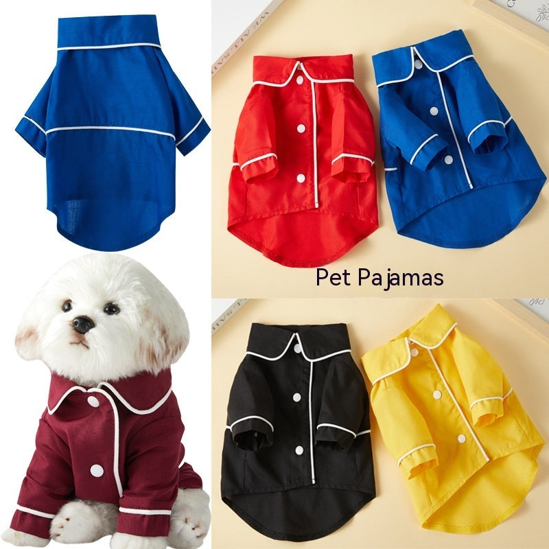 Collection of pet pajamas in various colors with a dog wearing red pajamas.