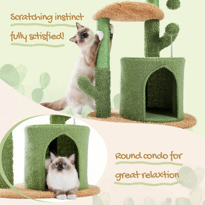 Cat playing with a green cat tree with round condo and scratching post.