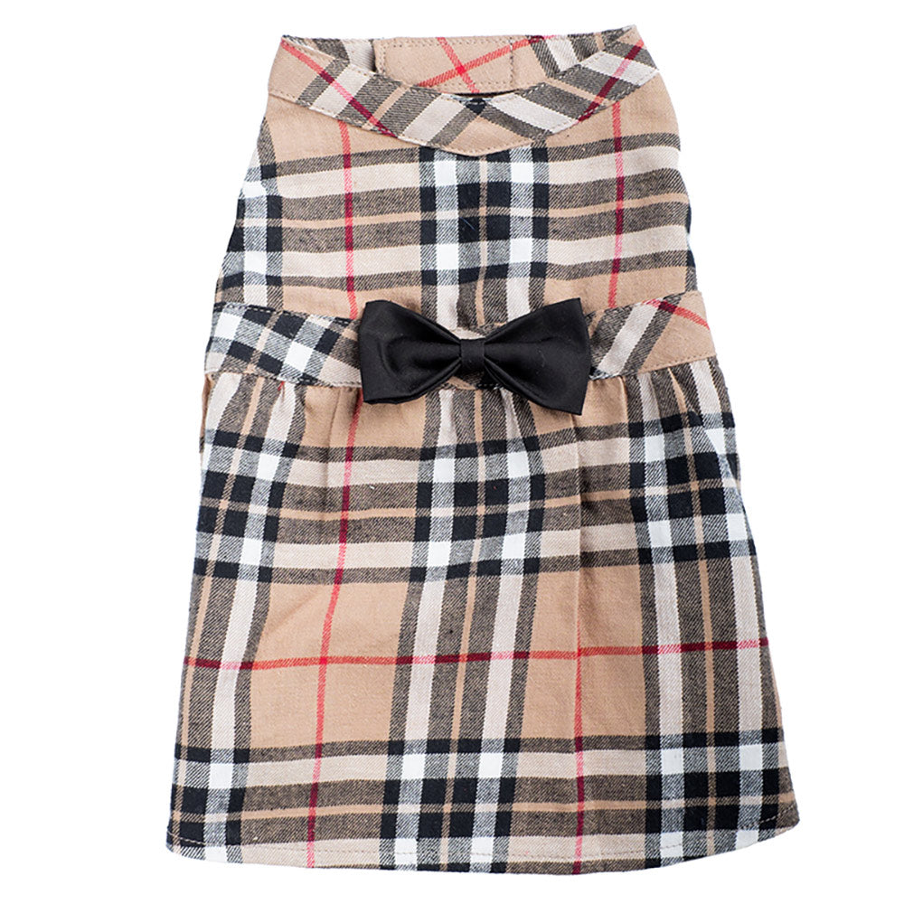 tan plaid dress for dog with black bow