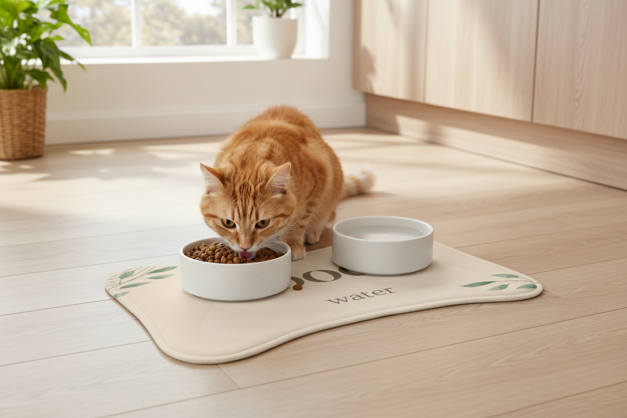 Beige Pet Feeding Mat with Cat