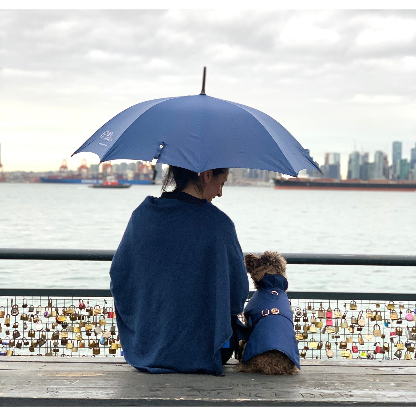 Person and dog sitting under a blue umbrella by a waterfront with a city skyline in the background.