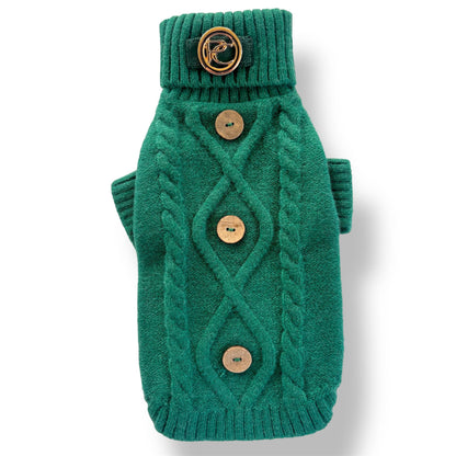 Green knitted dog sweater with buttons on a white background