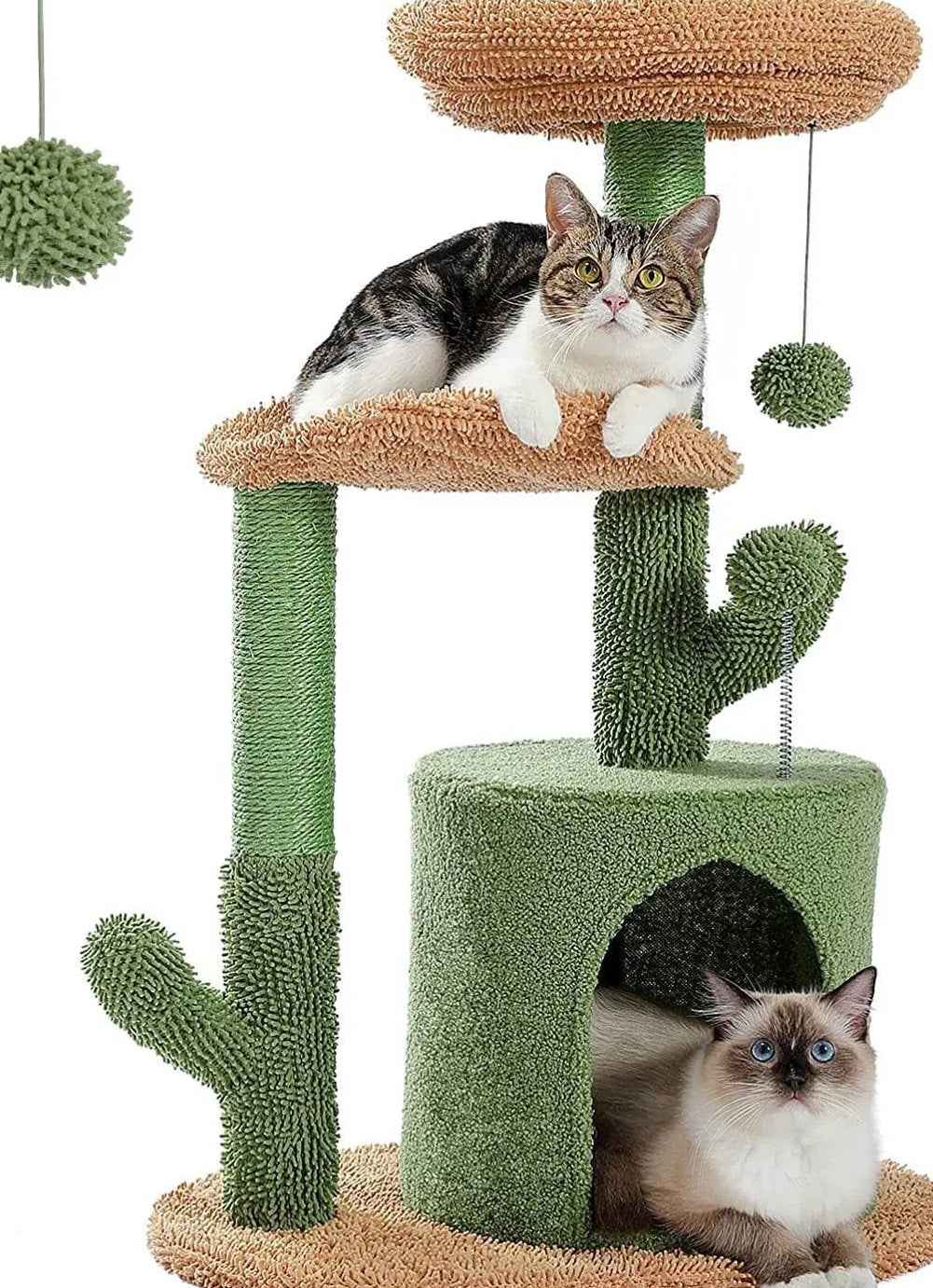 Cat tree with two cats on a white background