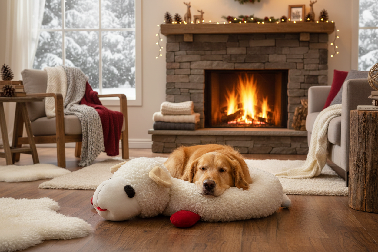 Cozy winter living room with dog in Lamb Chop Dog Bed