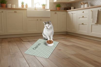 Cat sitting on a green checkered mat with a bowl of food next to it