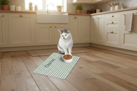 Cat sitting on a green checkered mat with a bowl of food next to it