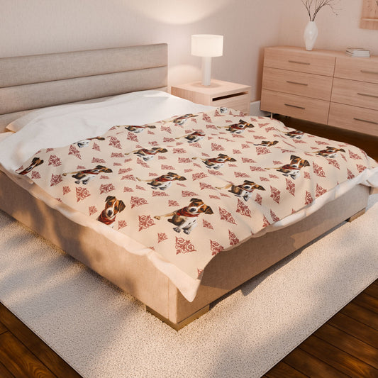 A Jack Russel Throw Blanket with a pattern of Jack Russel terrier dogs in various playful poses, spread out on a bed in a bright room.