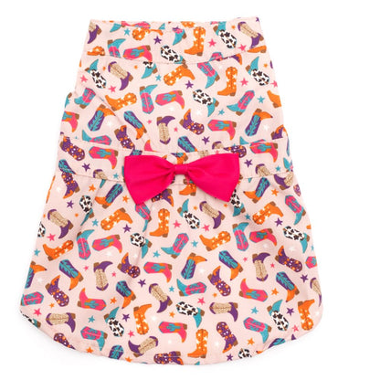 dress for dogs with colourful cowboy boots printed on it