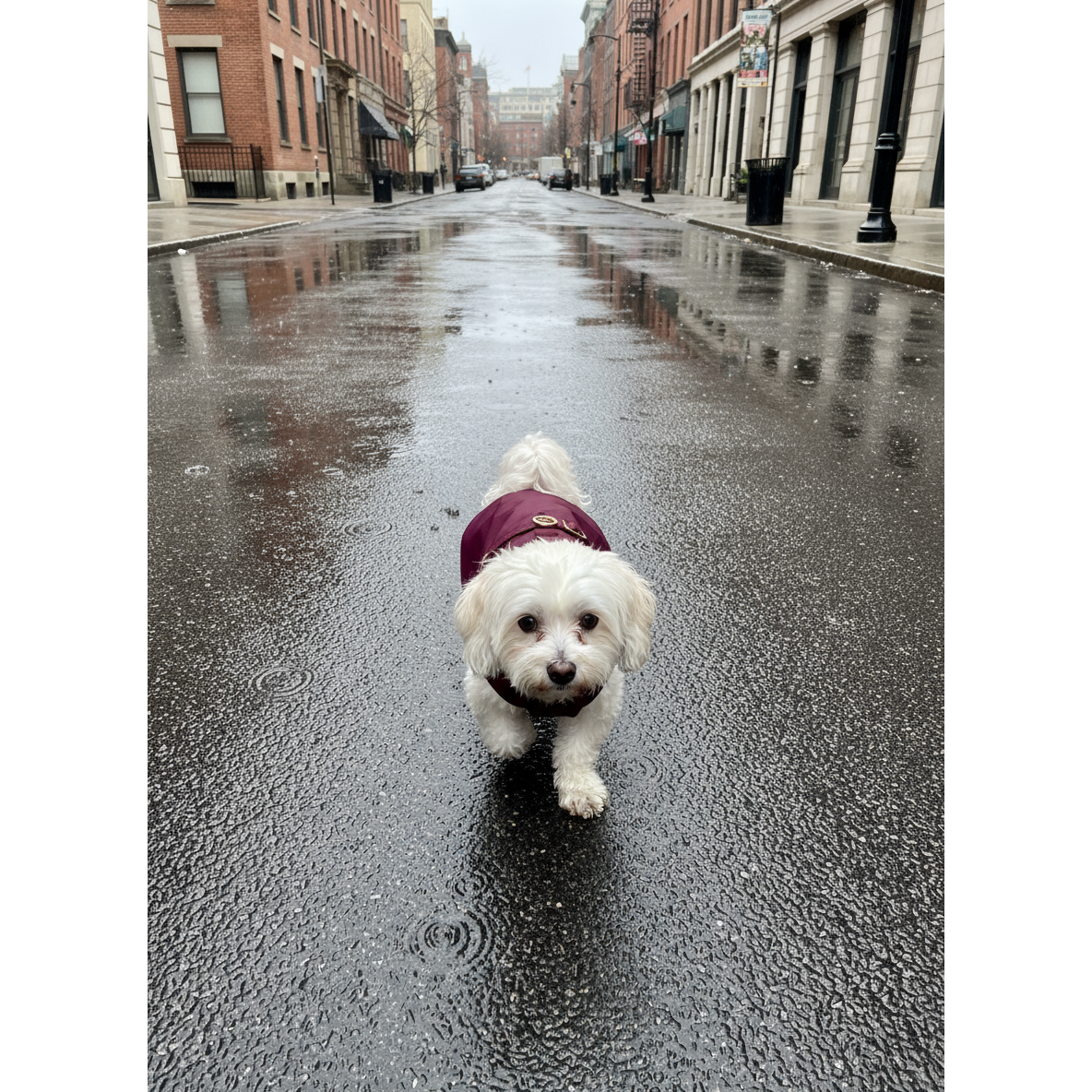 Small white dog wearing a maroon raincoat walking on a wet city street.