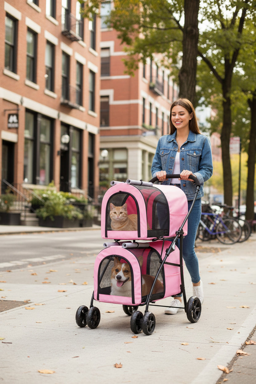 Pink pet stroller with two pets being pushed on city sidewalk