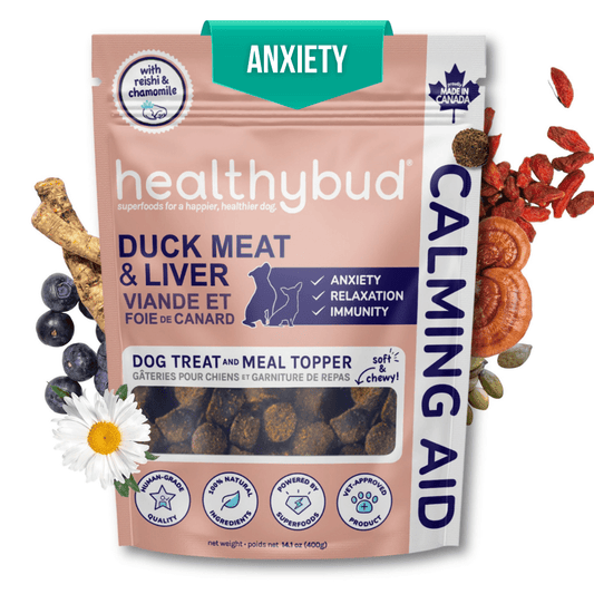 Package of healthybud dog treat and meal topper with ingredients on a white background
