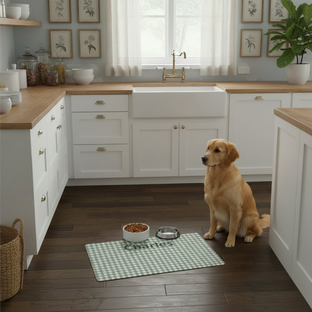 Pet mat with 'Charles' printed on it, placed on a wooden floor with a bowl and water dish.