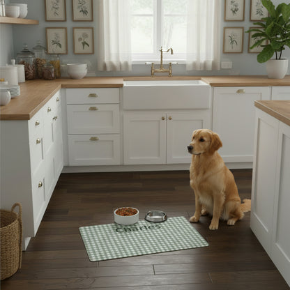 Pet mat with 'Charles' printed on it, placed on a wooden floor with a bowl and water dish.