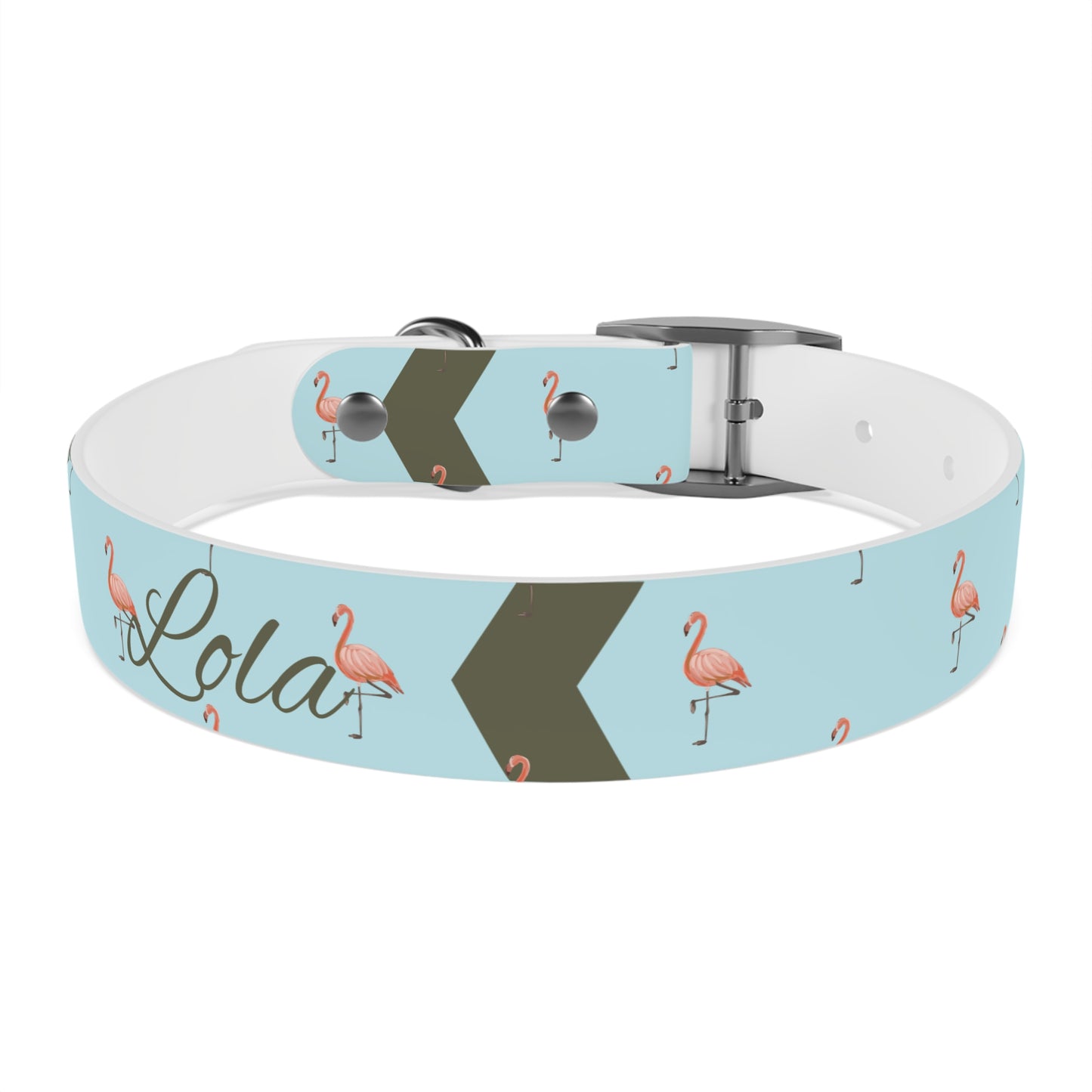 blue dog collar with pink flamingoes