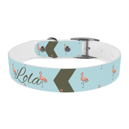 blue dog collar with pink flamingoes