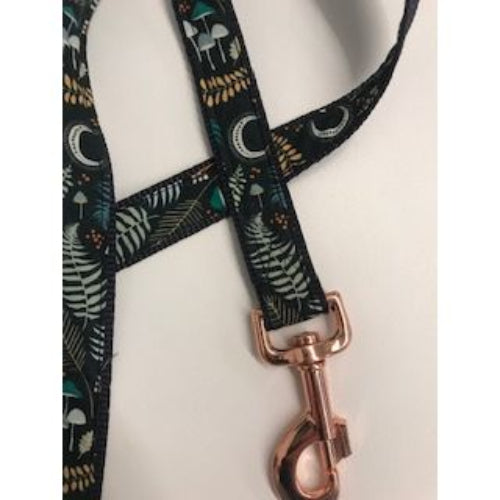 Dog leash with moon, star, and fern pattern on a white background