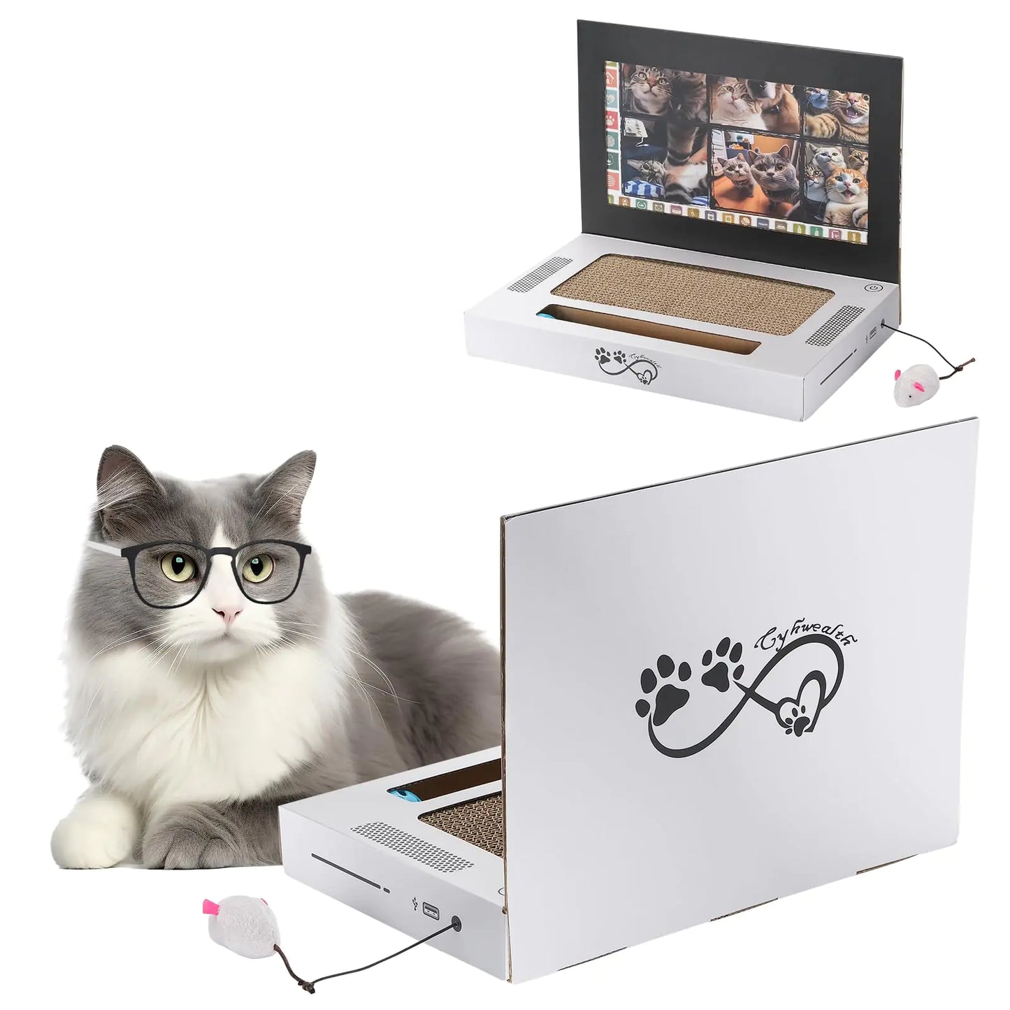 Cardboard Cat Scratcher Laptop Scratcher Cat Toy 3-in-1 Laptop Scratcher Cat Toy with Interactive Plush Mouse Cat Teaser and Ball Track Pad Toy Foldable Corrugated Computer Cat Scratching Board