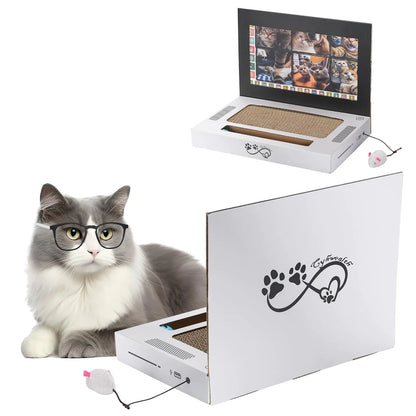 Cardboard Cat Scratcher Laptop Scratcher Cat Toy 3-in-1 Laptop Scratcher Cat Toy with Interactive Plush Mouse Cat Teaser and Ball Track Pad Toy Foldable Corrugated Computer Cat Scratching Board