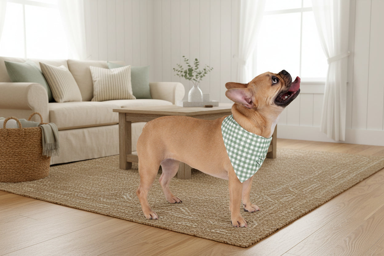 Dog wearing a checkered bandana on a white background