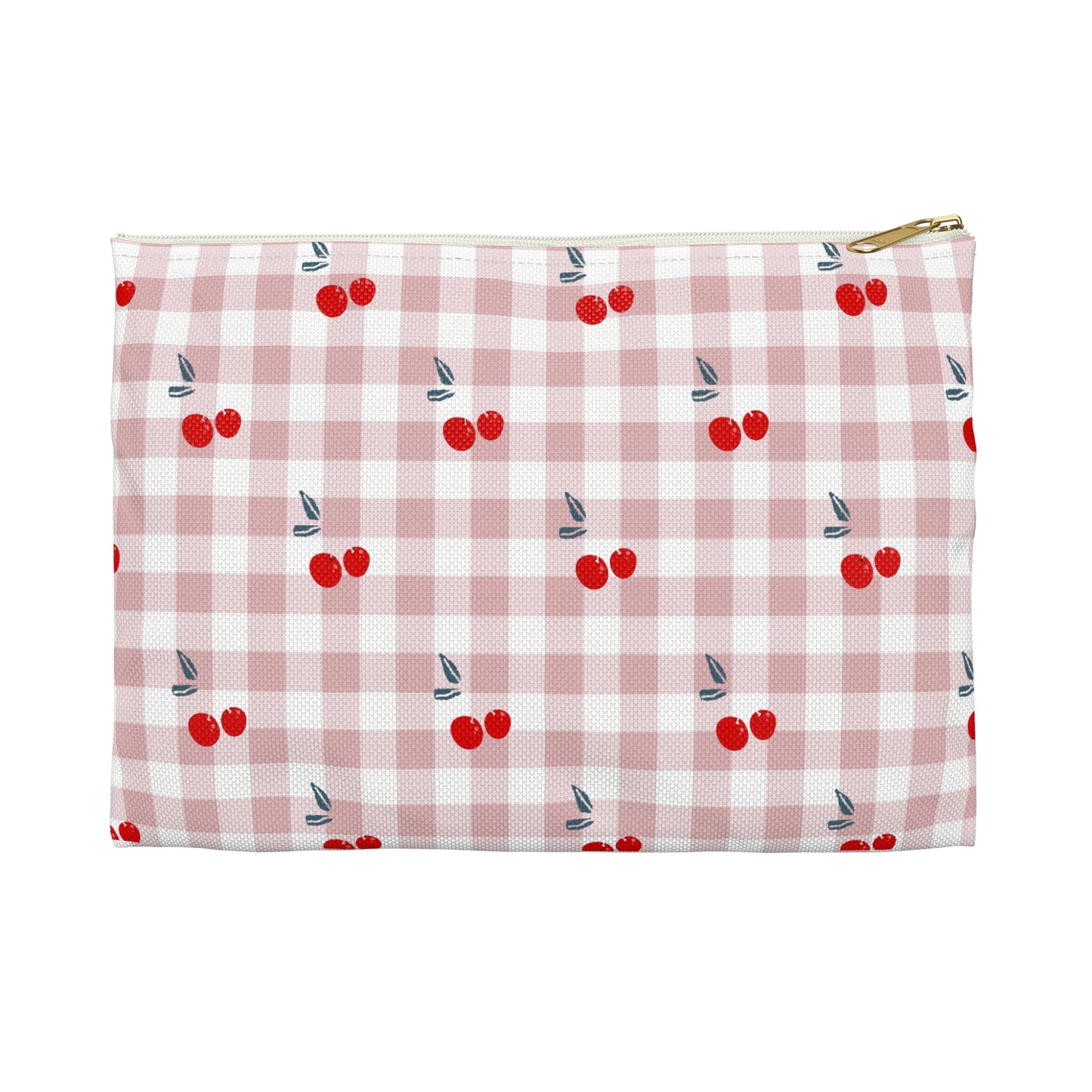cherry print makeup pouch with gingham background