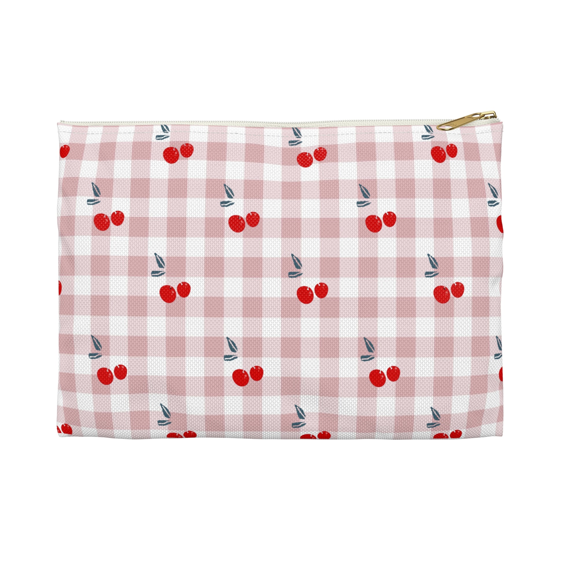 cherry print makeup pouch with gingham background