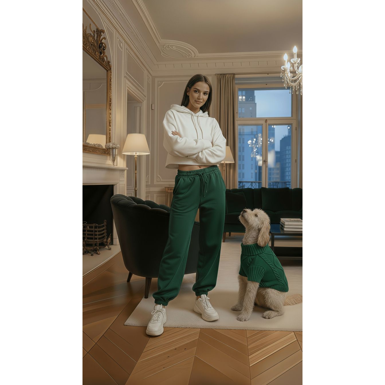 Woman in white hoodie and green pants standing in a stylish room with a dog wearing a matching outfit.