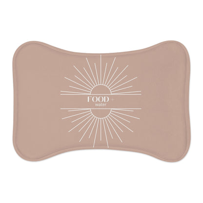 Pet Feeding Mat — Sunburst 'Food • Water' Non-Slip Bowl Placemat (Beige) for Cats and Dogs