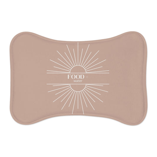 Pet Feeding Mat — Sunburst 'Food • Water' Non-Slip Bowl Placemat (Beige) for Cats and Dogs