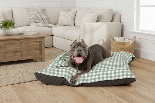 Dog lying on a green and brown checkered pet bed with a white background