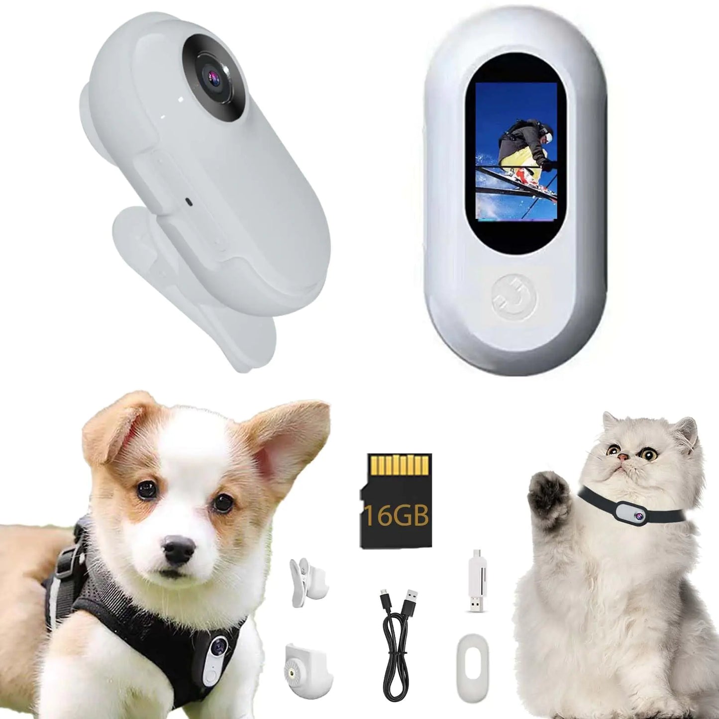Pet tracking device with screen, SD card, and accessories on a white background