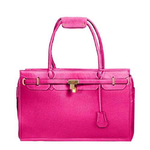 Pink handbag to carry pets with gold hardware on a white background