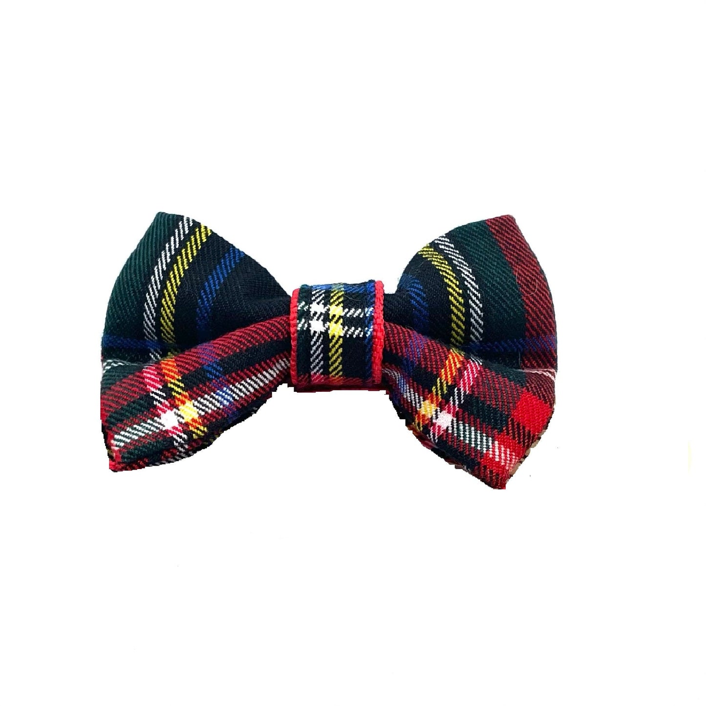 Plaid bow tie with red, blue, and yellow colors on a white background