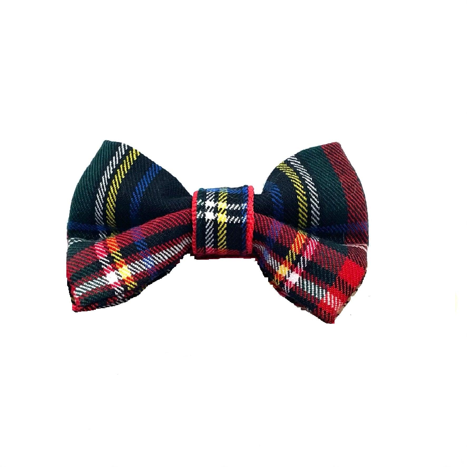 Plaid bow tie with red, blue, and yellow colors on a white background
