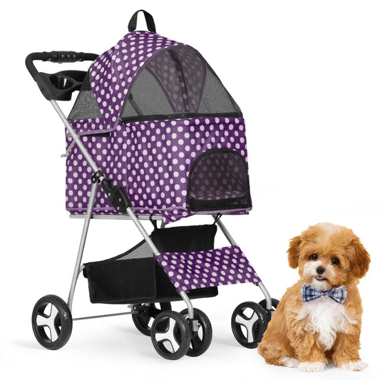 Purple polka dot Athena collection foldable pet stroller for small to medium dogs and cats up to 33lbs