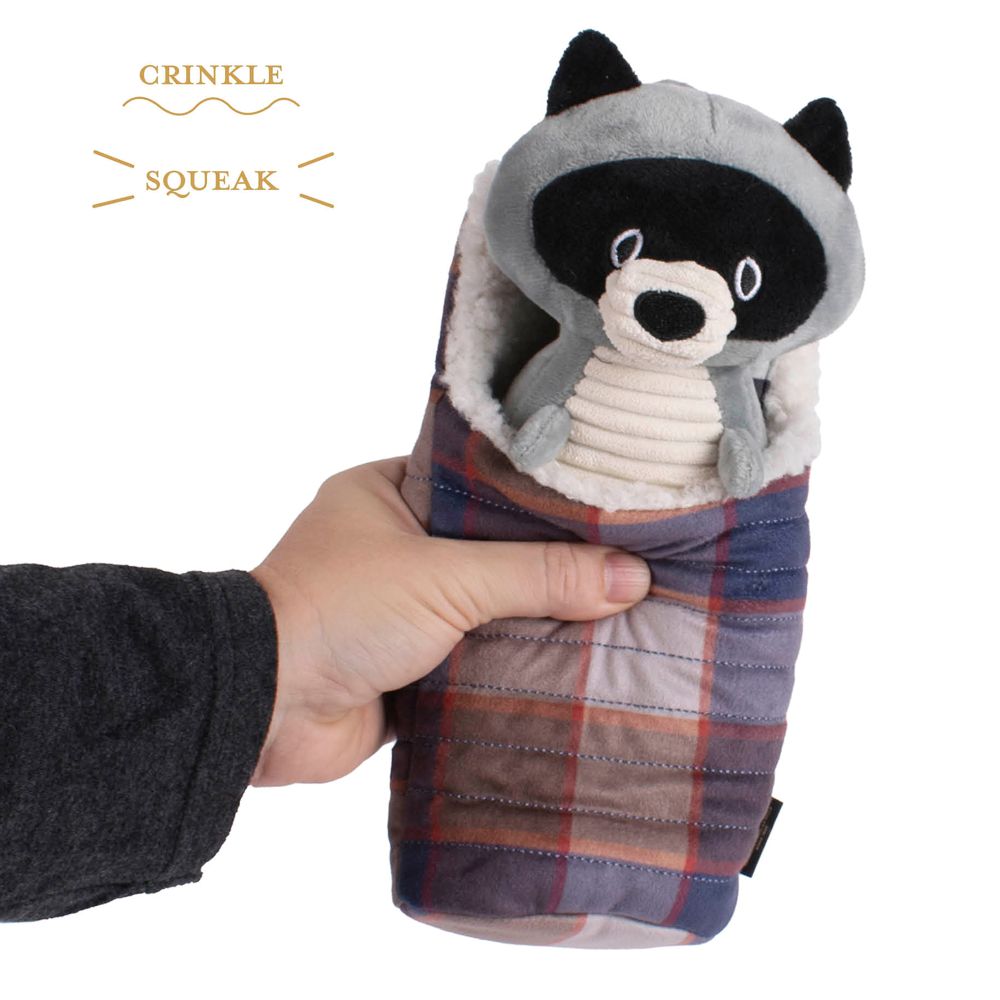 Plush raccoon toy in a plaid bag held by a hand with 'Crinkle Squeak' text above.