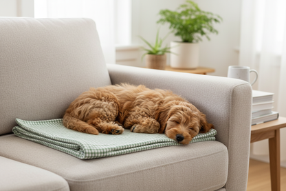 Sage Gingham Blanket with Dog on Couch