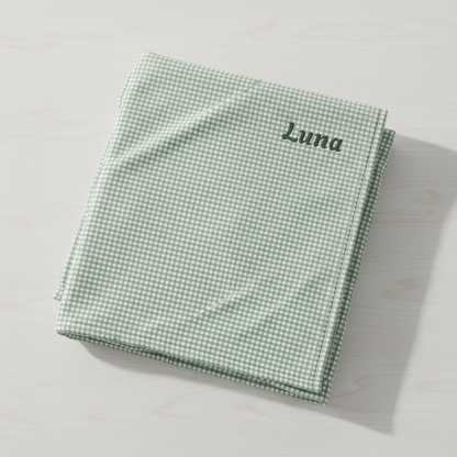 Sage Gingham Velveteen Plush Blanket Flat Lay