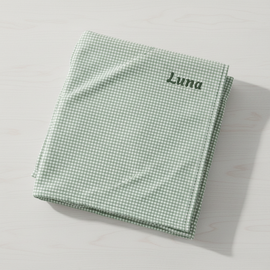 Sage Gingham Velveteen Plush Blanket Flat Lay