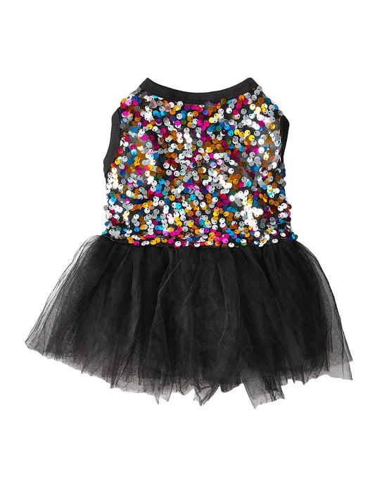 Dog dress with multicolored sequins and black tulle skirt on a white background