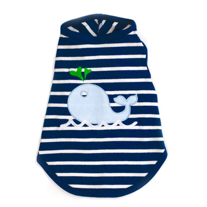 Navy and white striped dog hoodie with whale design on a white background