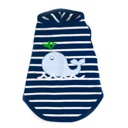 Navy and white striped dog hoodie with whale design on a white background