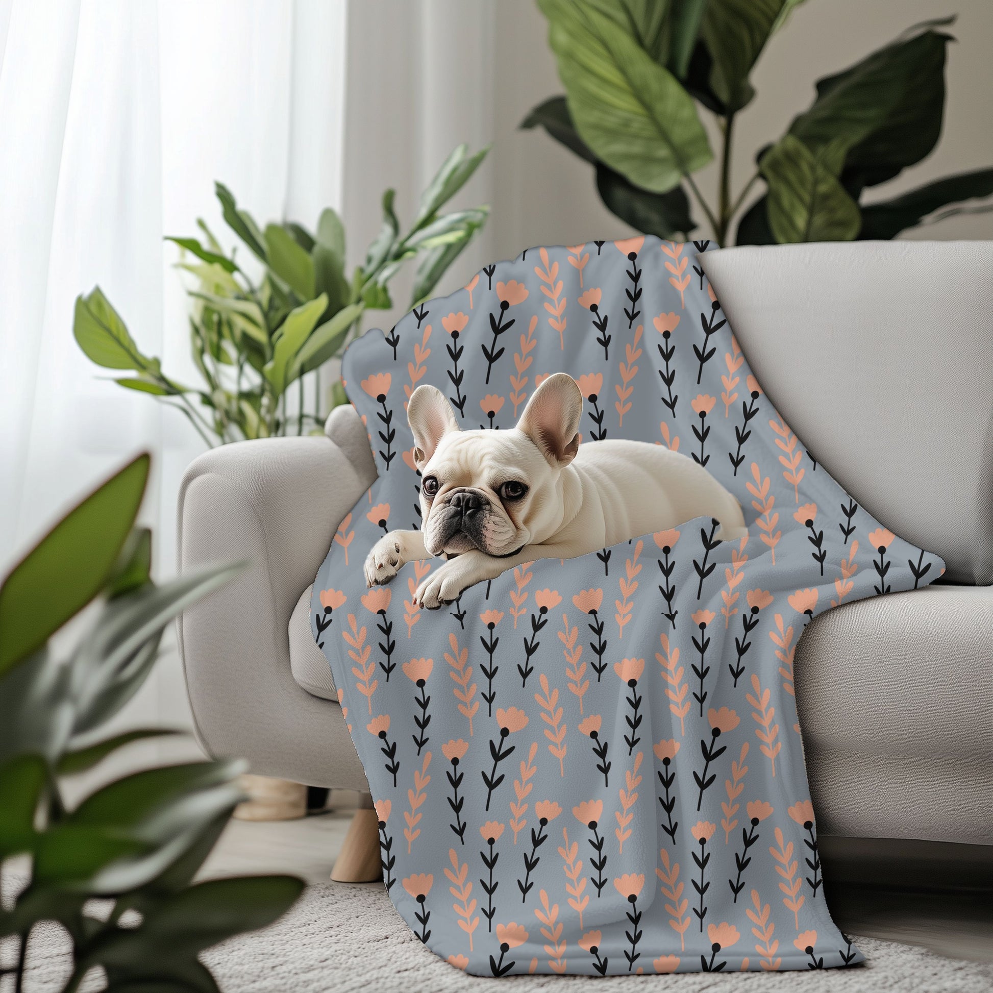 Dog lying on a floral-patterned blanket on a couch with plants in the background